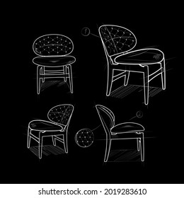Technical sketch design of an expensive quilted chair black and white vector illustration
