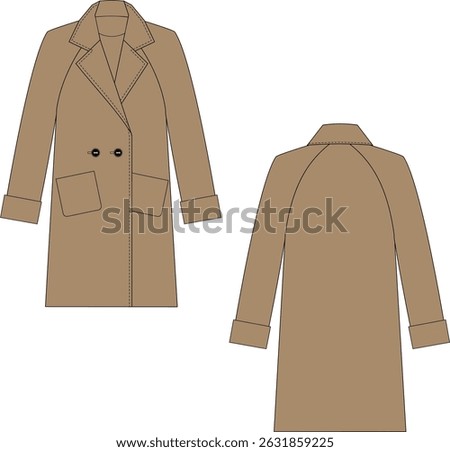 technical sketch of a double-breasted coat with an English collar and a 
raglan sleeves and a patch pocket front and back view