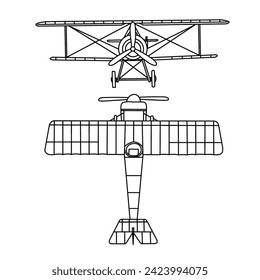 Technical sketch drawing of 1900's  vintage aircraft line art, Biplane monochrome silhouette with white detail lines, outline vector doodle illustration, front and top view isolated on white