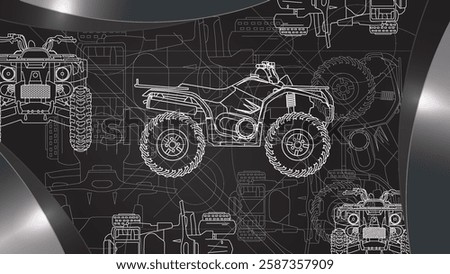The technical sketch drawing of the all terrain vehicle or ATV on the black background