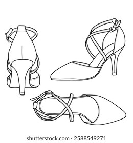 Technical sketch drawing of ankle strap for women, closed-toe pointed high heels with buckle line art. Side, top, and back view. Flat sketch vector. Isolated on a white background