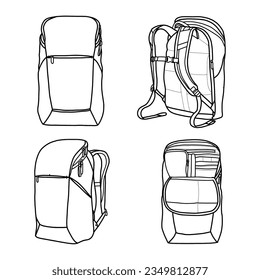 Technical sketch or drawing of Backpack bags vector template, suitable for your custom backpack bag, front, back and side view, isolated on white background, editable color