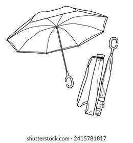 Dibujo técnico de dibujo de la forma C de la línea de paraguas. Ilustración de color dibujada a mano de Vector. Estilo de caricatura. Sombrillas de protección de la lluvia para el clima lluvioso, aisladas en fondo blanco