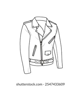 Technical sketch drawing of classic motorcycle jacket for men line art, flat sketch. Suitable for your biker jacket, editable color, and stroke. Isolated on a white background