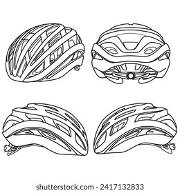 Technical sketch drawing of cycling helmet line art, front, back, and side view. flat sketch, isolated on a white background