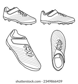 Dibujo técnico de zapatos de fútbol o plantilla de vectores de fútbol, superior, frontal y lateral, aislado en fondo blanco, adecuado para su diseño de zapatos de fútbol personalizado, color editable y trazo.