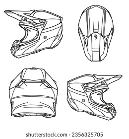 Technical sketch drawing of full face dirt helmet line art, flat sketch, side, top, rear and isometric view, flat sketch, isolated on white background, suitable for your full face helmet, editable.
