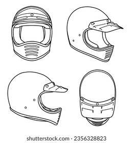 Technical sketch drawing of full face dirt helmet line art, flat sketch, front, isometric, side and top view, flat sketch, isolated on white background, suitable for your full face helmet, editable.