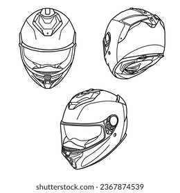 Technical sketch drawing of full face helmet line art, front, rear and isometric view, flat sketch, isolated on white background, suitable for your full face helmet, editable color