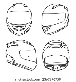 Technical sketch drawing of full face helmet line art, front, side, rear and isometric view, flat sketch, isolated on white background, suitable for your full face helmet, editable color