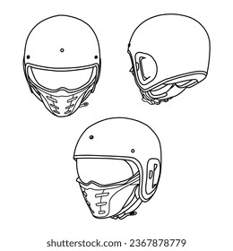 Technical sketch drawing of full face helmet with mask line art, front, side and isometric view, flat sketch, isolated on white background, suitable for your full face helmet, editable color