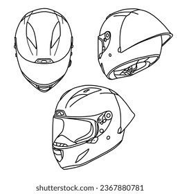 Technical sketch drawing of full face helmet  line art, top, side and isometric view, flat sketch, isolated on white background, suitable for your full face helmet, editable color