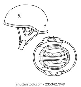 Technical sketch drawing of half face helmet line art,side  and bottom view flat sketch, isolated on white background, suitable for your half face helmet, editable color and stroke.