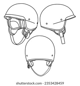 Dibujo técnico del dibujo de la mitad de la cara de la línea de casco, de la parte lateral y trasera de la vista plana, aislado en fondo blanco, adecuado para el casco de media cara, color editable y trazo.