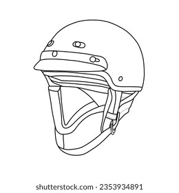 Dibujo técnico de líneas de casco de media cara, vista isométrica, esbozo plano, aislado en fondo blanco, adecuado para el casco de media cara, color editable y trazo.