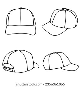 Technical sketch drawing of hat line art, flat sketch, isometric, front, isometric, rear and side view, flat sketch, isolated on white background, suitable for your hat design model editable color.