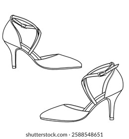 Technical sketch drawing of heel for women closed-toe high heels pumps line art. Side view. Flat sketch vector, outline vector doodle illustration. Isolated on a white background