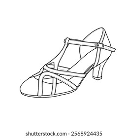 Technical sketch drawing of heels for woman line art, women's latin dance shoes closed toe, ballroom salsa tango practice dancing shoes. Isolated on a white background.