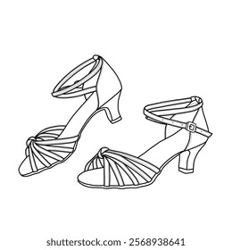 Technical sketch drawing of heels for woman line art. Women's latin dance shoes, ballroom rumba, samba practice dancing shoes vector. Isolated on a white background.