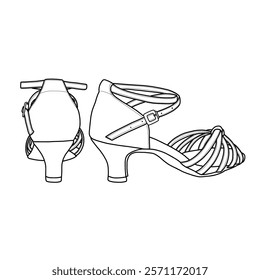 Technical sketch drawing of heels for woman line art. Women's Latin dance shoes, ballroom rumba, and samba practice dancing shoes with adjustable ankle straps with buckles.