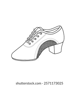 Technical sketch drawing of heels for woman line art. Latin dance shoes for women lace-up, professional practice salsa dance, modern ballroom dance shoes