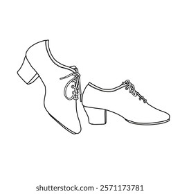 Technical sketch drawing of heels for woman line art. Latin dance shoes for women lace up with chunky low heels and modern ballroom dance shoes. Isolated on a white background