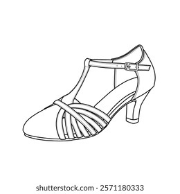 Technical sketch drawing of heels for woman vector line art. Women's Latin dance, salsa dance, bachata, and tango dance shoes open-toe adjustable ankle straps with buckle. 