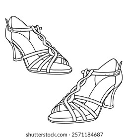 Technical sketch drawing of heels for woman line art. Women's ballroom dance shoes, Latin, and salsa dance shoes, tango dance shoe vector line art. Front and side view. Isolated on a white background