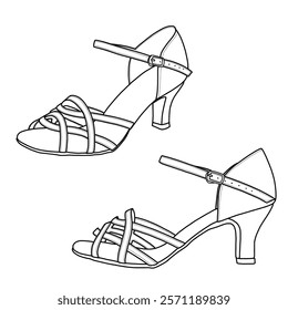 Technical sketch drawing of heels for woman line art. Women's latin dance shoes, female ballroom salsa dance shoes with buckle and adjustable straps, isolated on a white background