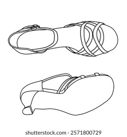 Technical sketch drawing of heels for woman vector line art. Women's latin dance shoes, female ballroom salsa dance shoes with adjustable buckle at ankle. Top and bottom view.