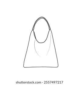 Technical sketch drawing of hobo bags for women shoulder handbag tote purses for work or travel line art, outline vector doodle illustration front view. Isolated on a white background