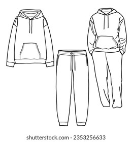 Technical sketch drawing of hoodie and jogger pants vector template, isolated on white background, suitable for your hoodie and jogger pants, editable color and stroke.