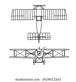 Technical sketch drawing Illustration of 1900's vintage aircraft line art, Biplane silhouette with white detail lines, outline vector doodle illustration, top and front view isolated on white