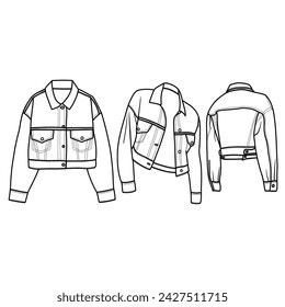 Technical sketch drawing Illustration of Cropped Denim Jacket line art, suitable for your custom women jacket design, outline vector doodle illustration, front and rear view isolated on white 