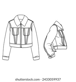 Technical sketch drawing Illustration of Denim Jacket With Shearling Collar line art, suitable for your for kids coloring book outline vector doodle illustration, front and back view isolated on white