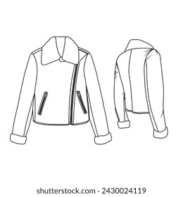 Technical sketch drawing Illustration of Faux Leather Jacket with collar line art, suitable for your custom jacket design, outline vector doodle illustration, front and back view isolated on white 