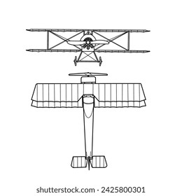 Technical sketch drawing Illustration ink sketch of aircraft line art, biplane planes, Air transportation, outline vector doodle illustration, front and top view isolated on white background