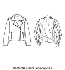 Technical sketch drawing Illustration of Leather Biker Jacket line art, suitable for your custom jacket design, outline vector doodle illustration, front and rear view isolated on white background