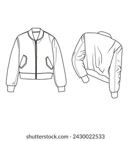 Dibujo de boceto técnico Ilustración de la línea de arte de la chaqueta Bomber de gran tamaño, adecuado para su diseño de chaqueta personalizada, ilustración de garabato vectorial de contorno, vista frontal y posterior aislada sobre fondo blanco