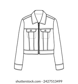 Technical sketch drawing Illustration of Pocketed Denim Jacket line art, suitable for your custom women jacket design, outline vector doodle illustration, front view isolated on white background