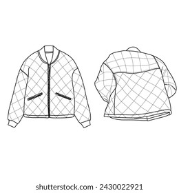 Dibujo de boceto técnico Ilustración de acolchado impermeable Bomber línea arte, adecuado para su diseño de chaqueta personalizada, contorno vector doodle ilustración, vista frontal y posterior aislado en blanco