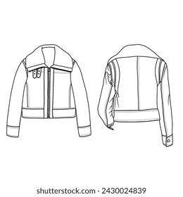 Technical sketch drawing Illustration of Shearling Denim Jacket with collar line art, suitable for your custom jacket design, outline vector doodle illustration, front and back view isolated on white