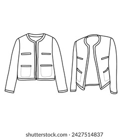 Technical sketch drawing Illustration of Trim Tweed Jacket line art, suitable for your custom women jacket design, outline vector doodle illustration, front view isolated on white background