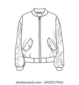 Technical sketch drawing Illustration of women bomber jacket line art, suitable for your for kids coloring book outline vector doodle illustration, front view isolated on white background