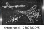 The technical sketch drawing of a Jet Fighter. Air combat military equipment.