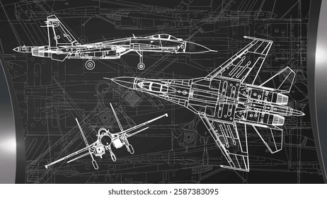 The technical sketch drawing of a Jet Fighter. Air combat military equipment.