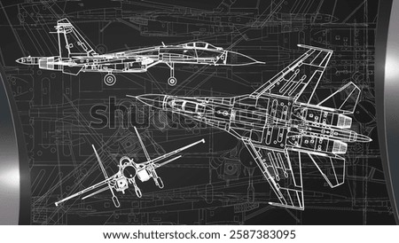 The technical sketch drawing of a Jet Fighter. Air combat military equipment.