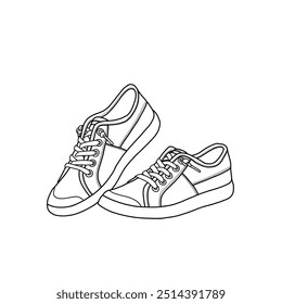 Technical sketch drawing of low-top sneaker classic casual sneakers. Suitable for your custom sneakers design. Outline vector doodle illustration, front and side view isolated on white background