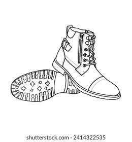 Technical sketch drawing of Men Casual Boots Line Art, suitable for your custom ankle boot with zipper, outline vector doodle illustration, side and bottom view isolated with white background