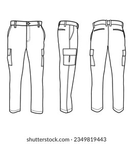 Technical sketch drawing mens cargo Pants vector template  front  back   side view  isolated white background  editable color   stroke 